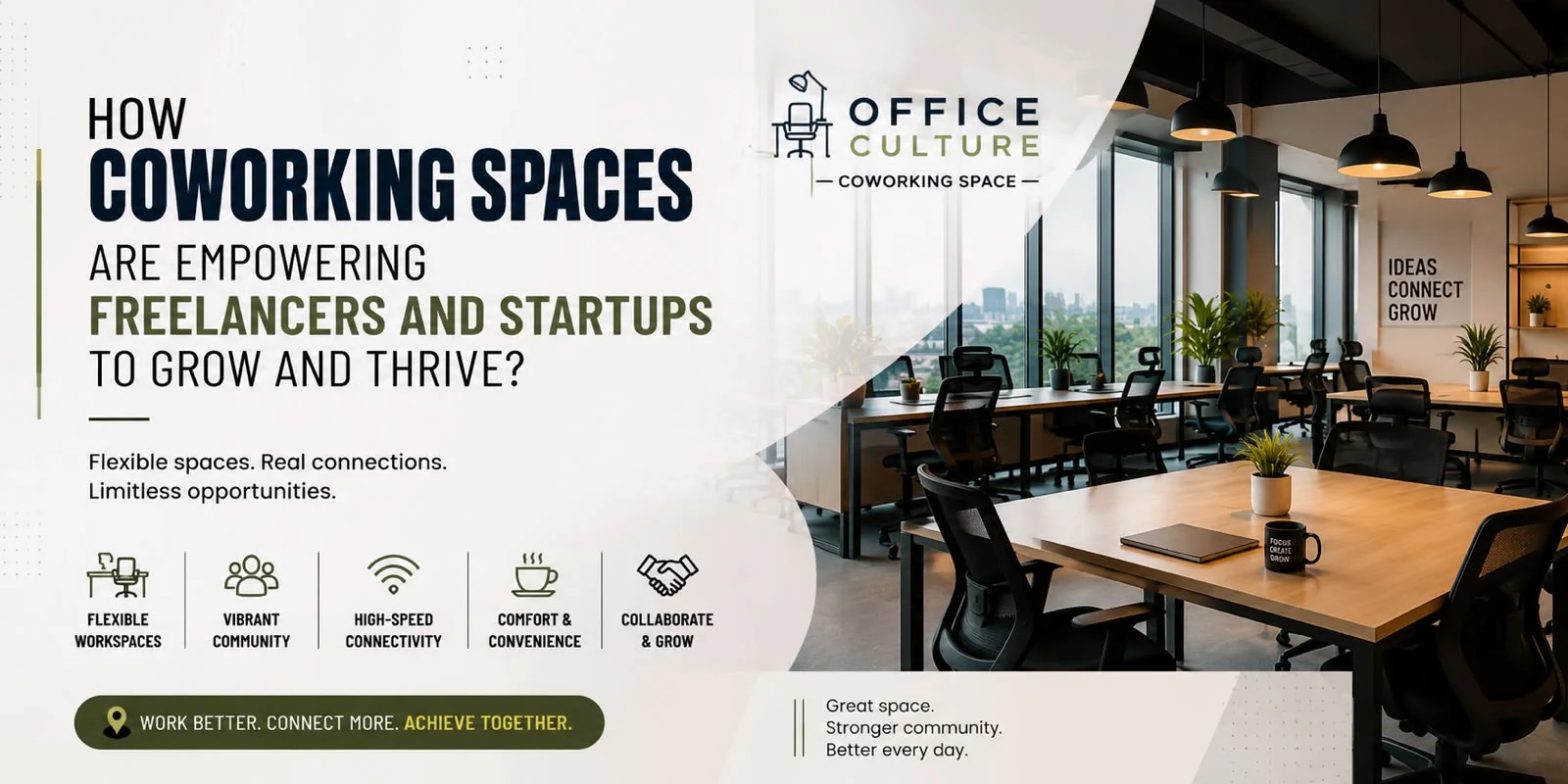 Modern open-plan workspace inside Office Culture Coworking Space with professionals working together at clean desks.